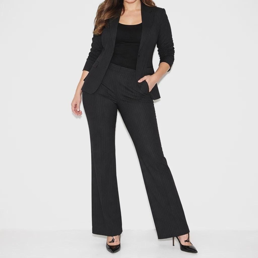 The Limited Pinstripe Pant Suit Set Womens L Black 3/4 Sleeve Flare Leg Y2K Vtg
